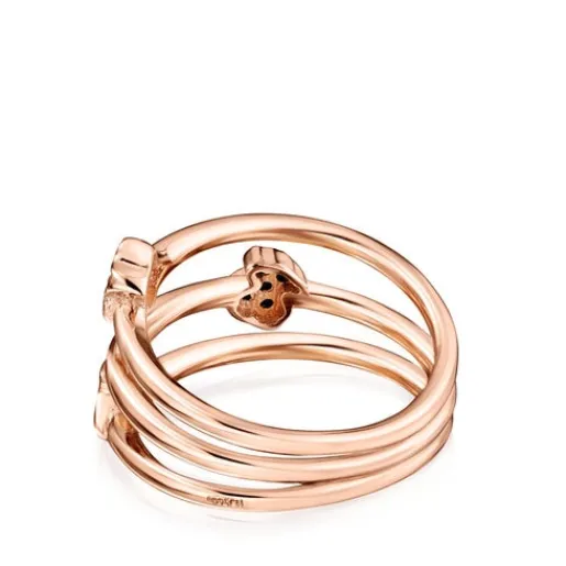 Anillo con baño de oro rosa 18 kt sobre plata y espinelas motivos oso, corazón y flor Motif^TOUS New