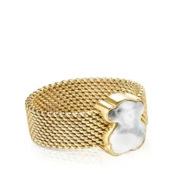 Anillo de acero IP dorado y howlita facetada motivo oso Mesh Color^TOUS