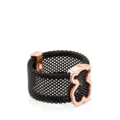 Anillo de acero IP negro con baño de oro rosa 18 kt sobre plata motivo silueta oso Icon Mesh^TOUS Outlet