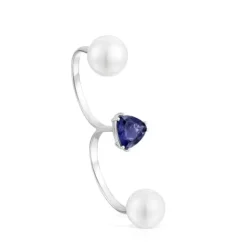 Anillo doble abierto de oro blanco, iolita y perla cultivada Ivette^TOUS Hot