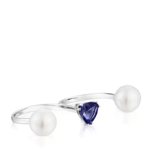 Anillo doble abierto de oro blanco, iolita y perla cultivada Ivette^TOUS Hot