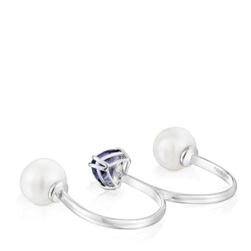 Anillo doble abierto de oro blanco, iolita y perla cultivada Ivette^TOUS Hot