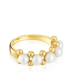 Anillo mediano con baño de oro de 18 kt sobre plata y perlas cultivadas Gloss^TOUS Hot