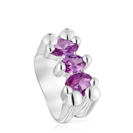 Anillo mediano motivo oso de plata y zafiro lila creado en laboratorio Color Bear LGG^TOUS New
