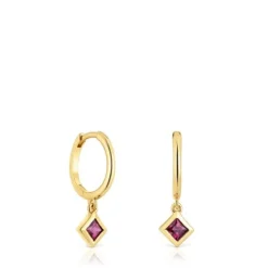 Pendientes aro cortos con baño de oro 18 kt sobre plata y detalle rodolita Basic Colors^TOUS New