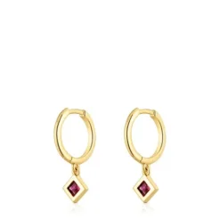 Pendientes aro cortos con baño de oro 18 kt sobre plata y detalle rodolita Basic Colors^TOUS New
