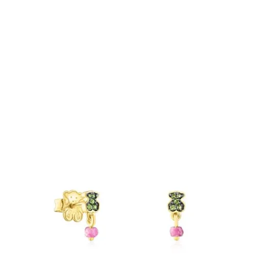 Pendientes con baño de oro 18 kt sobre plata y oso de cromodiópsidos y rubí New Motif^TOUS Clearance