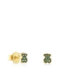Pendientes con baño de oro 18 kt sobre plata y oso de cromodiópsidos New Motif^TOUS Best