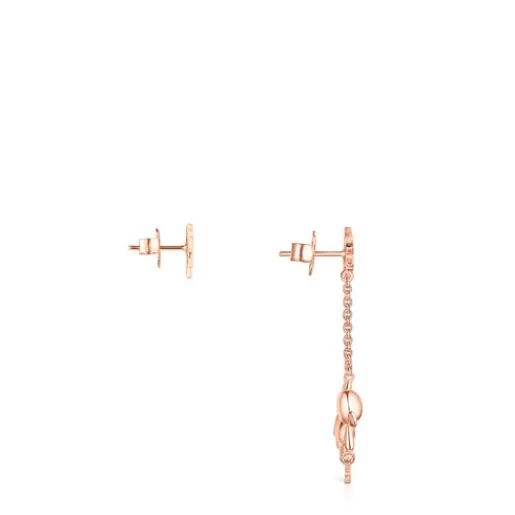 Pendientes corto/largo con baño de oro rosa 18 kt sobre plata, espinela y rubí Teddy Bear Stars^TOUS New