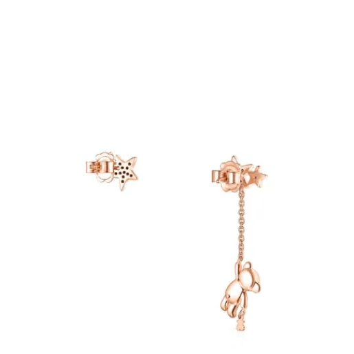 Pendientes corto/largo con baño de oro rosa 18 kt sobre plata, espinela y rubí Teddy Bear Stars^TOUS New