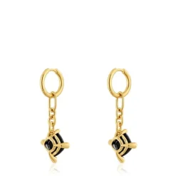 Pendientes de aro largos con baño de oro 18 kt sobre plata y ónix Color Black^TOUS Hot