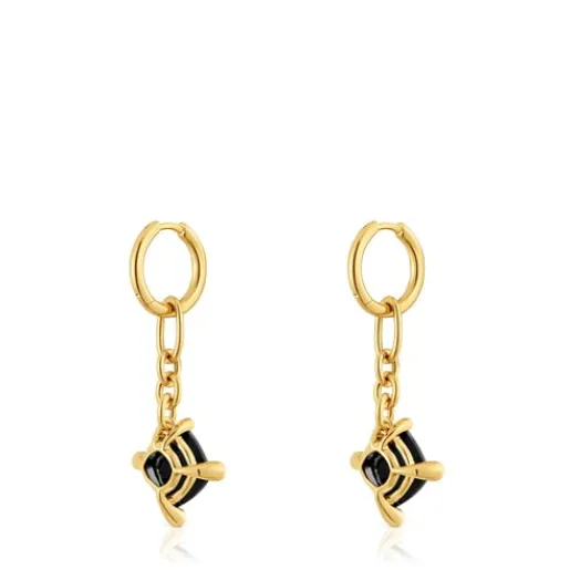 Pendientes de aro largos con baño de oro 18 kt sobre plata y ónix Color Black^TOUS Hot
