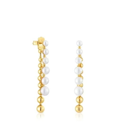 Pendientes largos dobles con baño de oro de 18 kt sobre plata y perlas cultivadas Gloss^TOUS