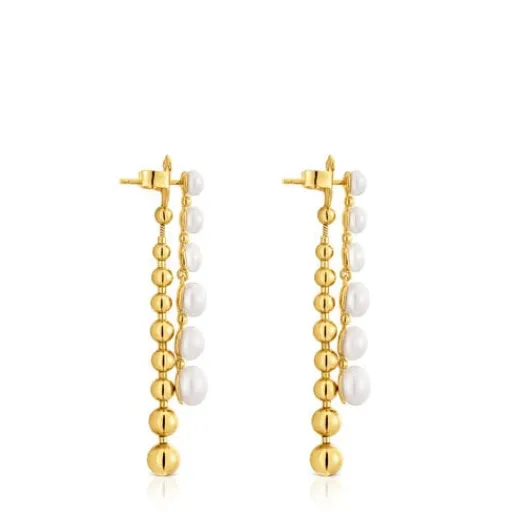 Pendientes largos dobles con baño de oro de 18 kt sobre plata y perlas cultivadas Gloss^TOUS