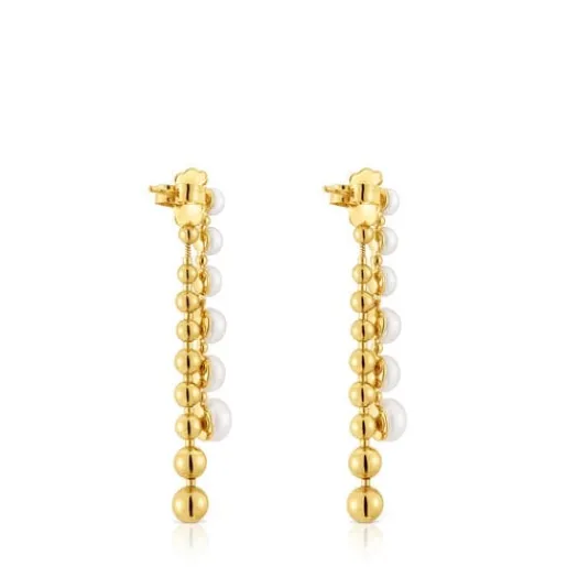 Pendientes largos dobles con baño de oro de 18 kt sobre plata y perlas cultivadas Gloss^TOUS
