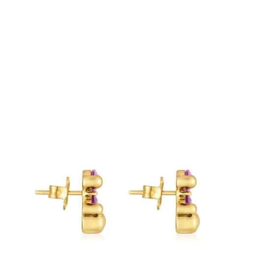 Pendientes motivo oso con baño de oro 18 kt sobre plata y zafiro lila creado en laboratorio 13 mm Color Bear LGG^TOUS Online