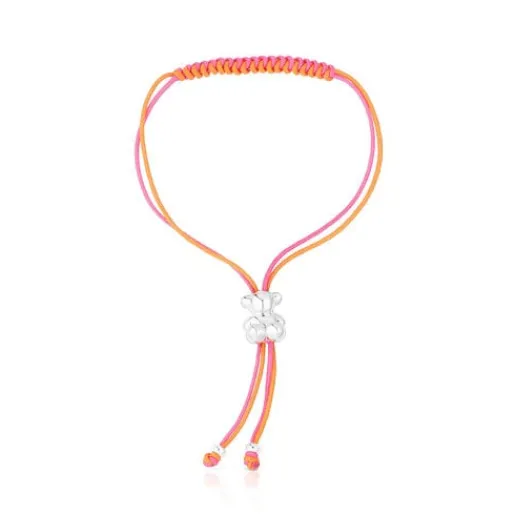 Pulsera de cordón fucsia y naranja con oso de plata Bold Bear^TOUS Discount
