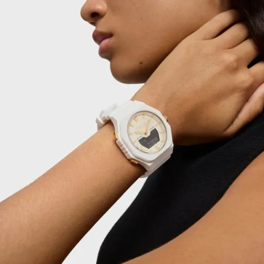 Reloj analógico/digital de acero IPG dorado con brazalete de nylon blanco Bet^TOUS Clearance